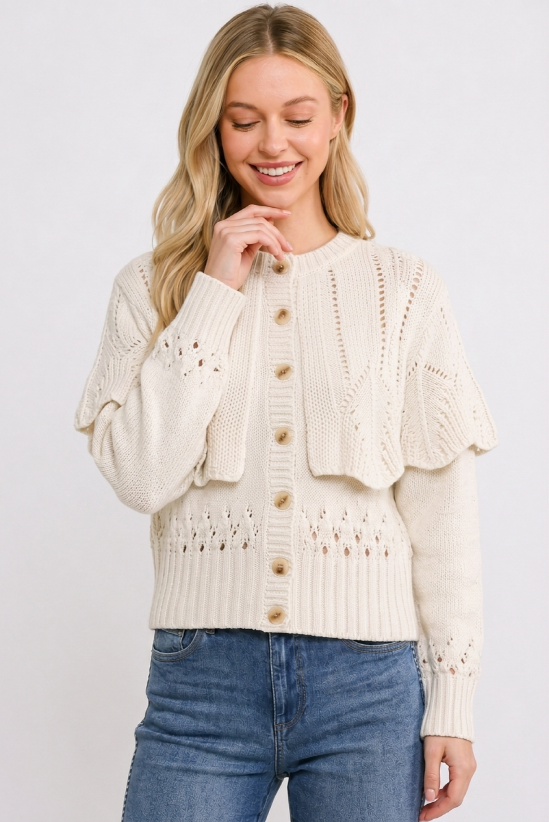 CW10390J Button-Up Knit Ruffled Capelet Cardigan