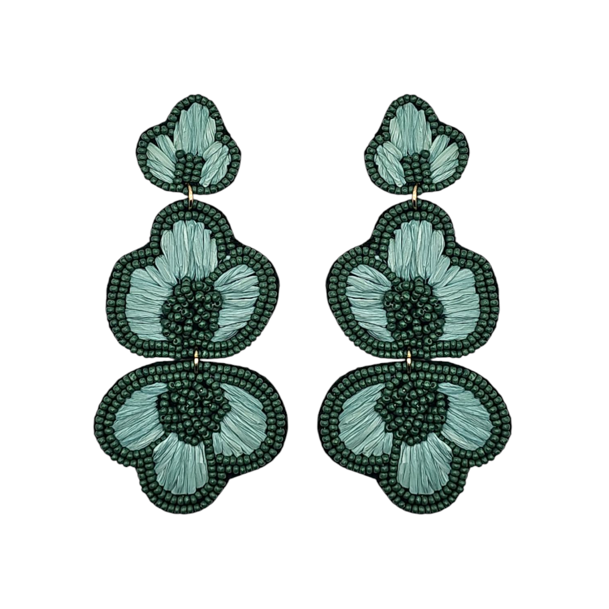 Green Raffia & Beaded Flower Drop Earrings