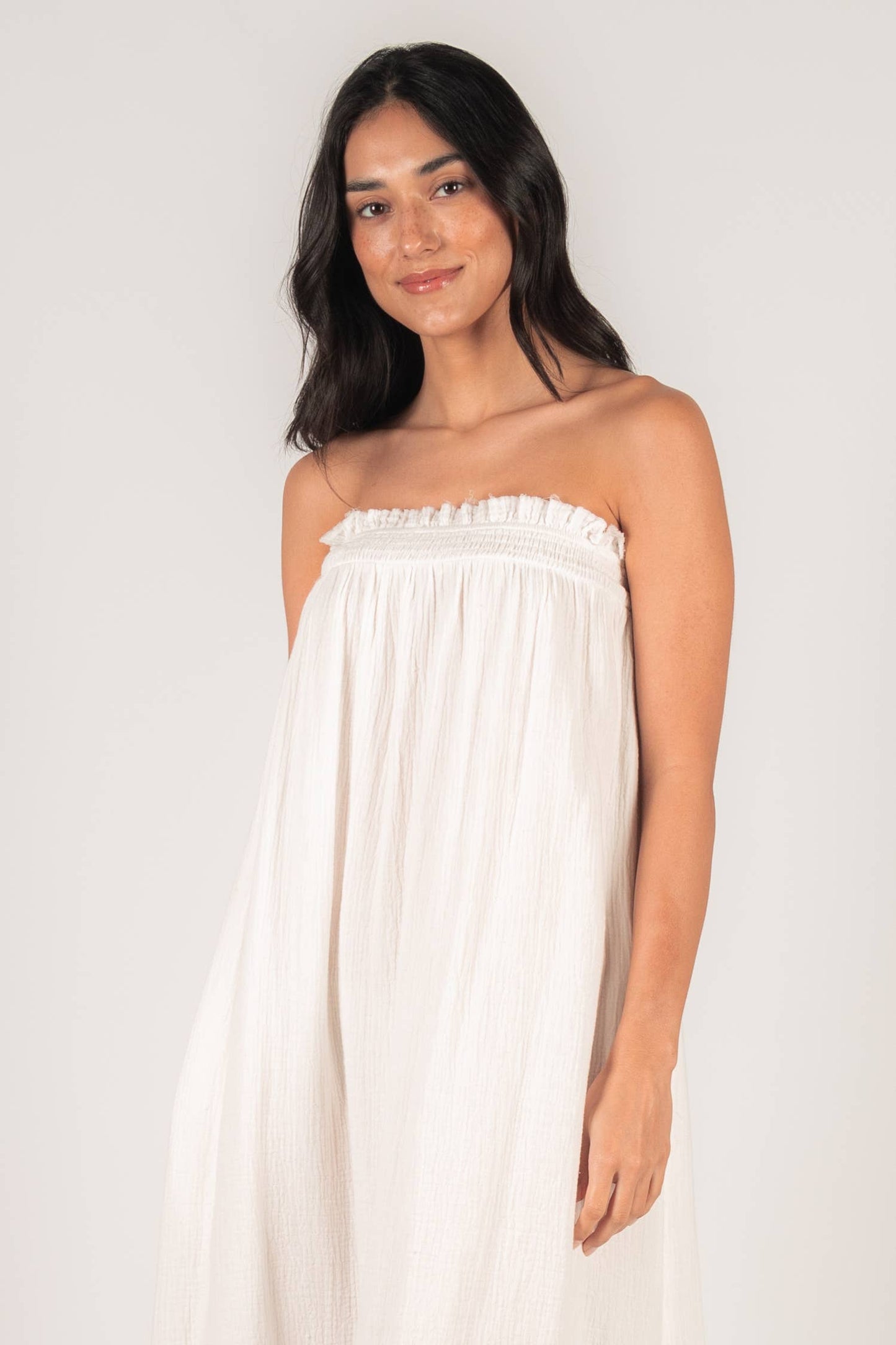 Gauze Shirred Babydoll Strapless Maxi