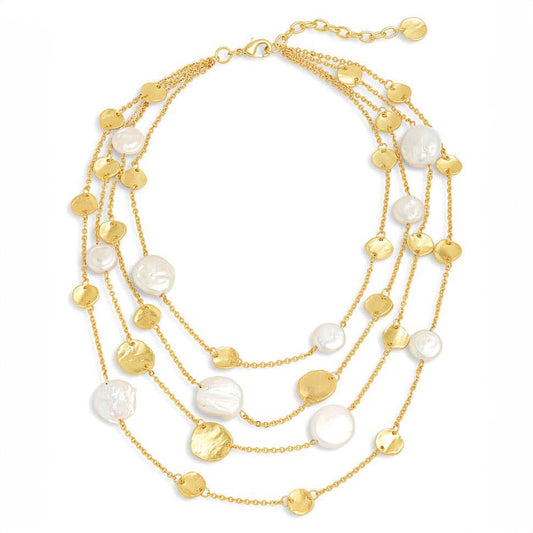 Chic Multi-Strand Coin & Flat Pearl Statement Necklace