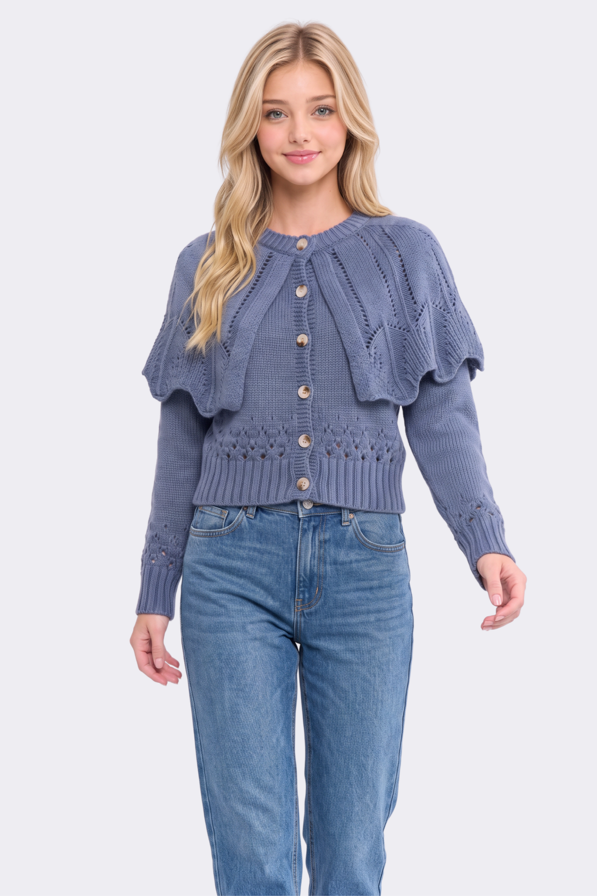 CW10390J Button-Up Knit Ruffled Capelet Cardigan