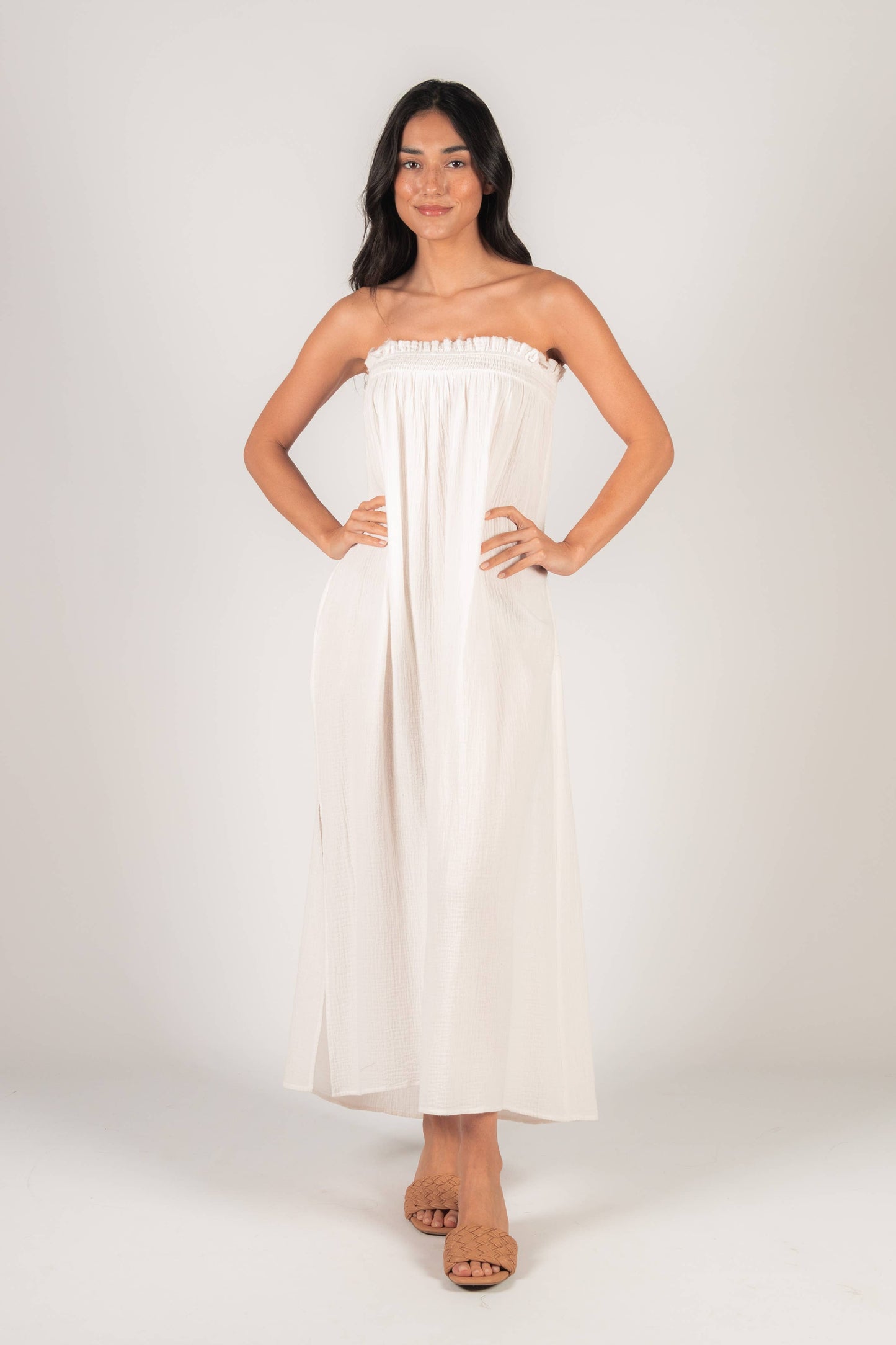 Gauze Shirred Babydoll Strapless Maxi