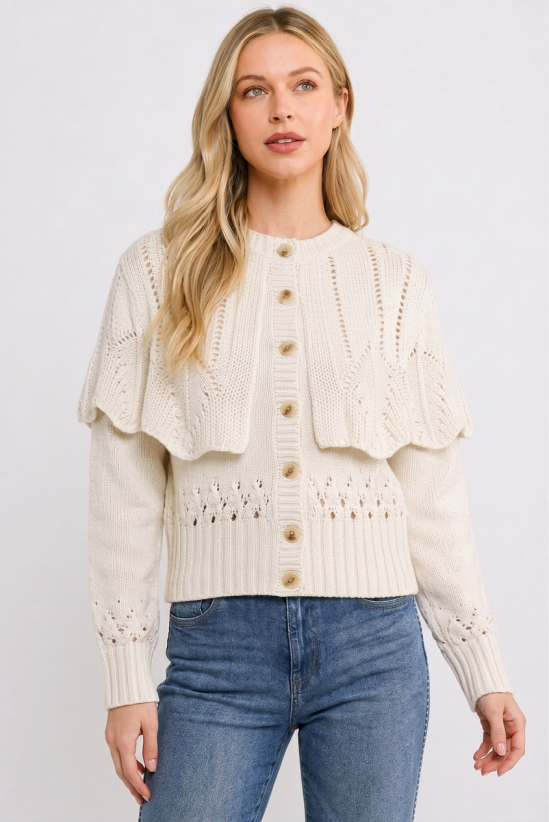 CW10390J Button-Up Knit Ruffled Capelet Cardigan