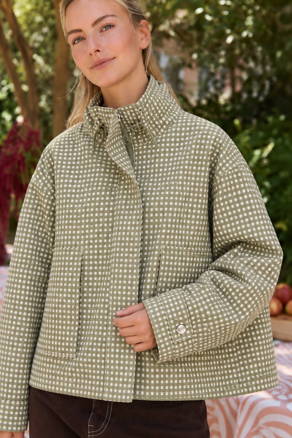 DOZ0603-23 | Gingham Check Stand Collar Utility Jacket